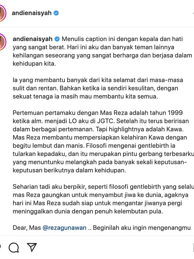 Unggahan Andien soal Reza Gunawan. (Foto: Dok. Instagram @andienaisyah)