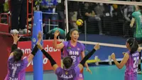 Para pemain voli putri tim Jakarta BIN berselebrasi setelah mendapatkan poin dalam laga kontra Jakarta Elektrik PLN pada putaran pertama PLN Mobile Proliga 2023 yang digelar di GOR Indoor Si Jalak Harupat, Bandung, Sabtu (7/1/2023). (Ist)