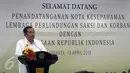 Jaksa Agung M Prasetyo menyampaikan sambutan pada penandatanganan MoU dengan LPSK di Jakarta, Selasa (19/4). Kejagung dan LPSK memperpanjang nota kesepakatan dalam hal perlindungan saksi menyusul habisnya masa MoU terdahulu. (Liputan6.com/Helmi Afandi)