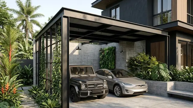 Carport Industrial dengan Tanaman Hijau di Sisi Area Parkir