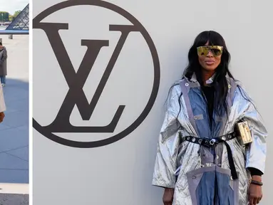 Foto kombinasi Naomi Campbell saat tiba menghadiri koleksi busana Louis Vuitton Spring/Summer 2023 yang dipresentasikan selama Paris Fashion Week di Paris pada Selasa, 4 Oktober 2022. (AP Photo/Francois Mori)