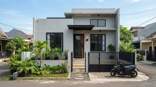 Kombinasi Warna Cat Fasad Rumah Abu-abu Muda dan Hitam