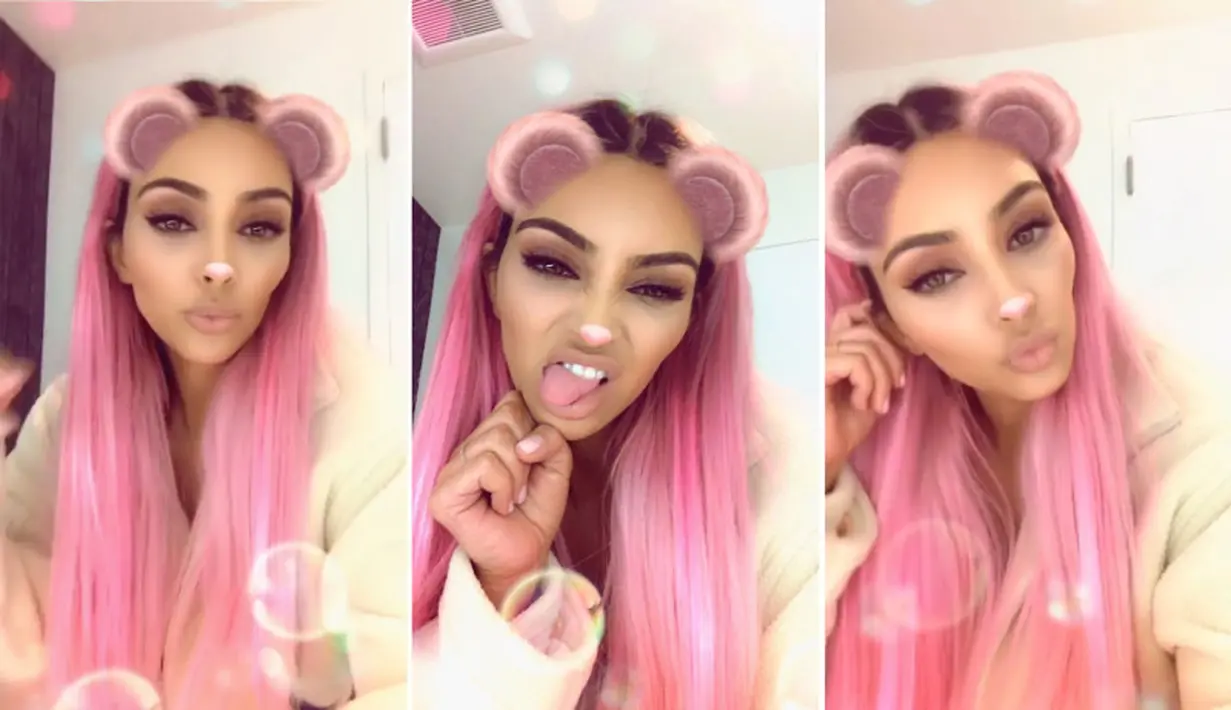 Kim Kardashian pamer rambunya yang berwarna pink beberapa hari lalu lewat Snapchat. Ia pun mengatakan sudah bosan dengan warna blonde. (Snapchat/Kim Kardashian)