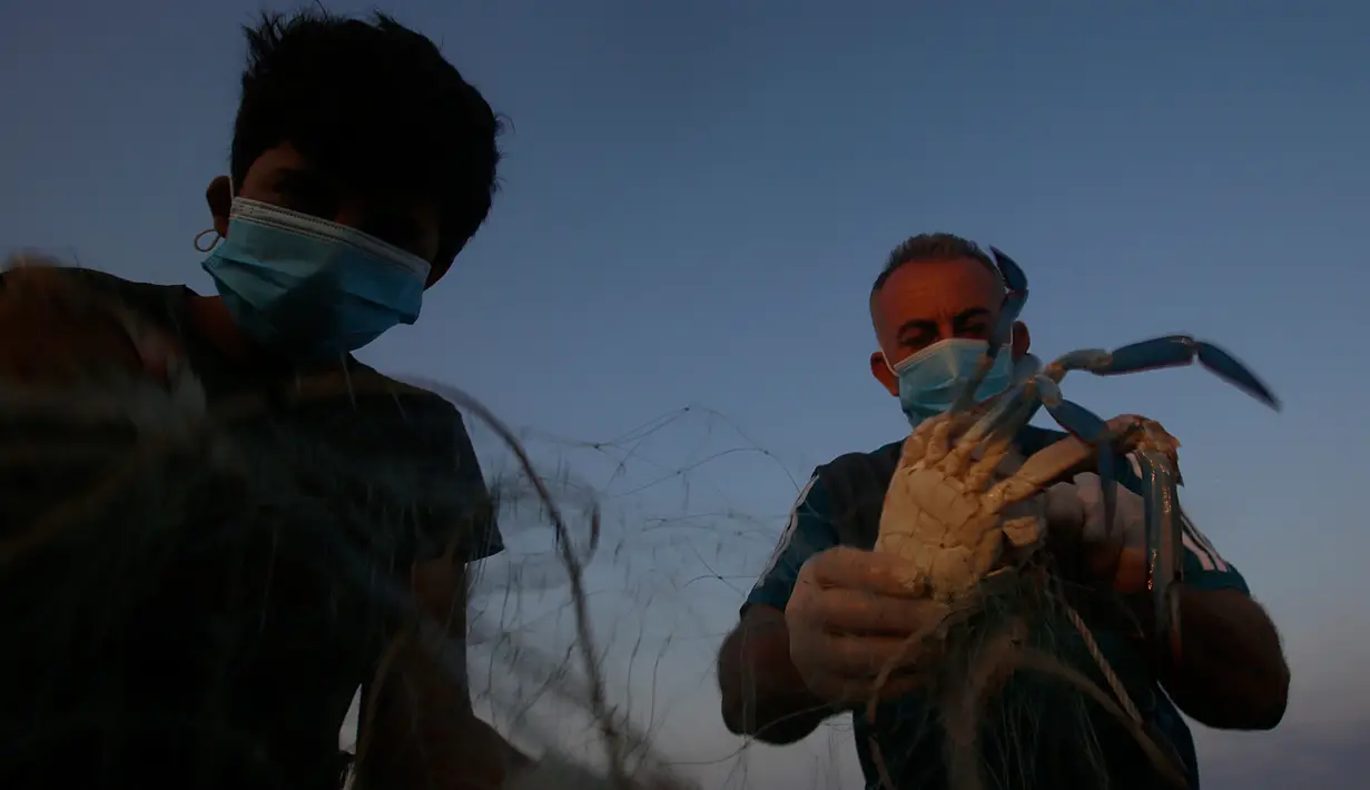 Nelayan Palestina mengenakan masker saat mereka melepaskan kepiting dari jaring di pantai laut Mediterania di Beit Lahyia, Jalur Gaza utara pada 21 September 2020. (AP Photo / Hatem Moussa)