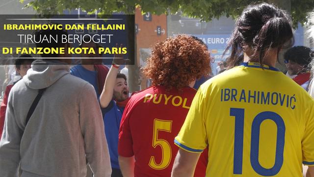 Beberapa suporter yang menyamar sebagai Zlatan Ibrahimovic dan Marouane Fellaini di Fanzone kota Paris.