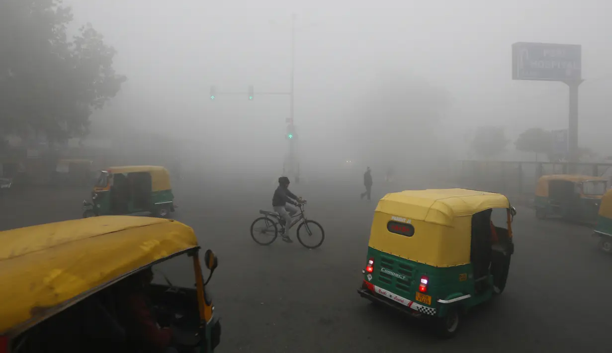 Pengendara sepeda melewati perlintasan di tengah kabut akibat suhu dingin di New Delhi, Senin (30/12/2019). New Delhi, ibu kota India, saat ini mengalami musim dingin dengan hari dingin terpanjang dalam 22 tahun terakhir. (AP Photo/Manish Swarup)