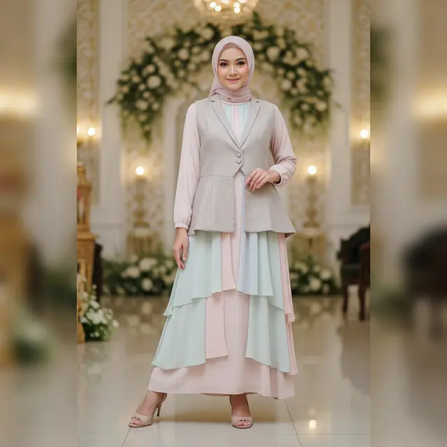 Model Gamis Rompi Lepas Pendek dengan Aksen Layer