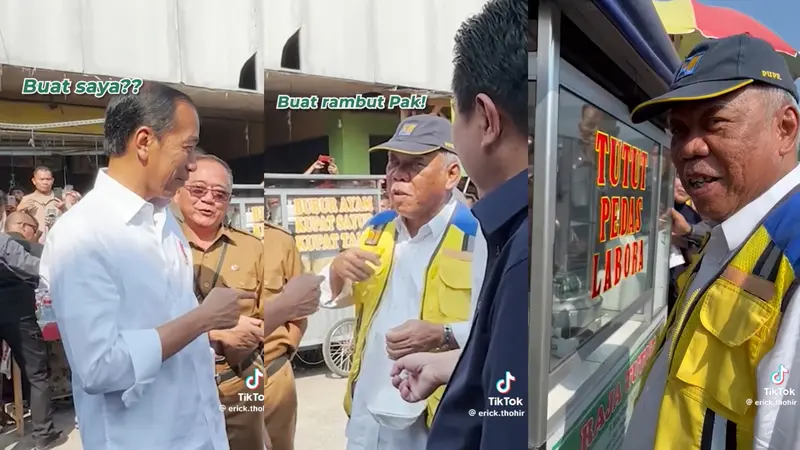 Menteri Basuki dan Erick Thohir Ketahuan Lagi Jajan Tutut di Pasar Parungkuda, Sukabumi, oleh Presiden Jokowi. (Foto: TikTok @erick.thohir)