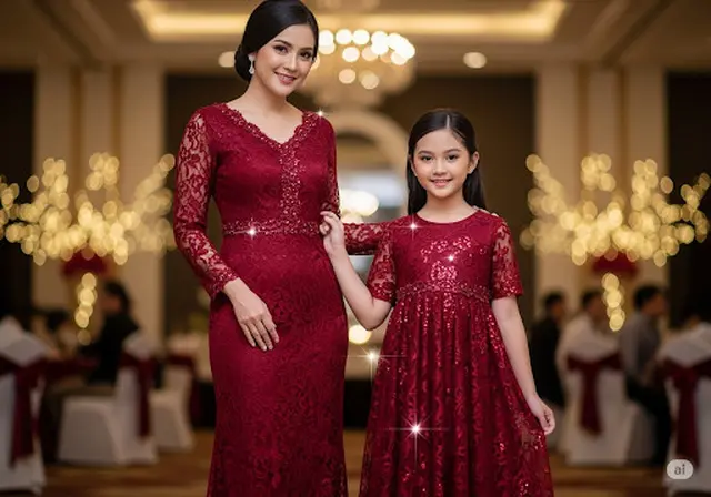 Dress Brokat Kombinasi Payet Halus/Baju Brokat Anak Kembaran dengan Ibu untuk Pesta (Sumber: gemini.com)