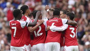 Selebrasi Jurrien Timber dkk. dalam laga Arsenal vs Leeds United di Premier League 2025/2026,&nbsp;Sabtu (23/8/2025). (AP Photo/Ian Walton)