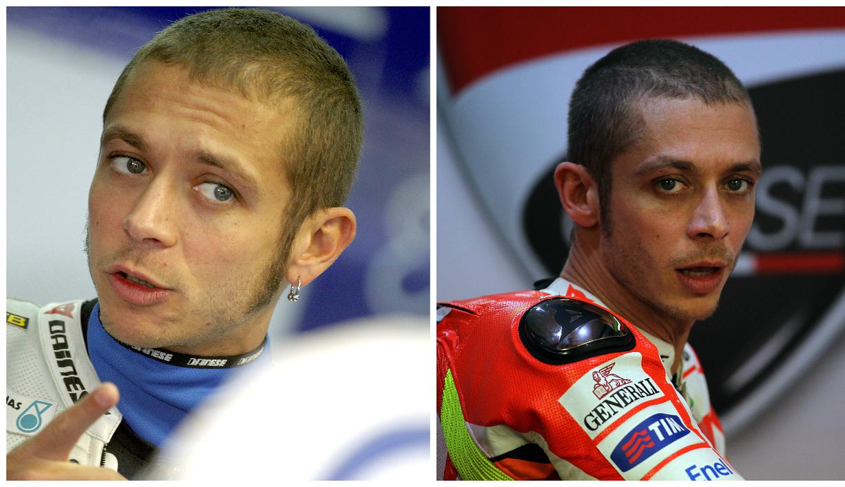 Tampilan Valentino Rossi tahun 2010 (kiri) saat masih bersama tim Yamaha dan saat memperkuat Ducati tahun 2011 (kanan). (AFP)