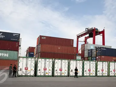 Sejumlah kontainer berisi 163,5 ton jeroan sapi di Pelabuhan Tanjung Priok, Jakarta, Kamis (16/6). Pihak Bea dan Cukai menggagalkan penyelundupan 7 kontainer daging sapi beku jenis jeroan asal dari Australia dan Selandia Baru. (Liputan6.com/Faizal Fanani)