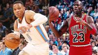 Russell Westbrook (kiri), menyamai rekor tujuh triple-double beruntun milik Michael Jordan saat timnya Oklahoma City Thunder kalah dari Houston Rockets, Jumat (9/12/2016). (Bola.com/Twitter/TheCrossover)