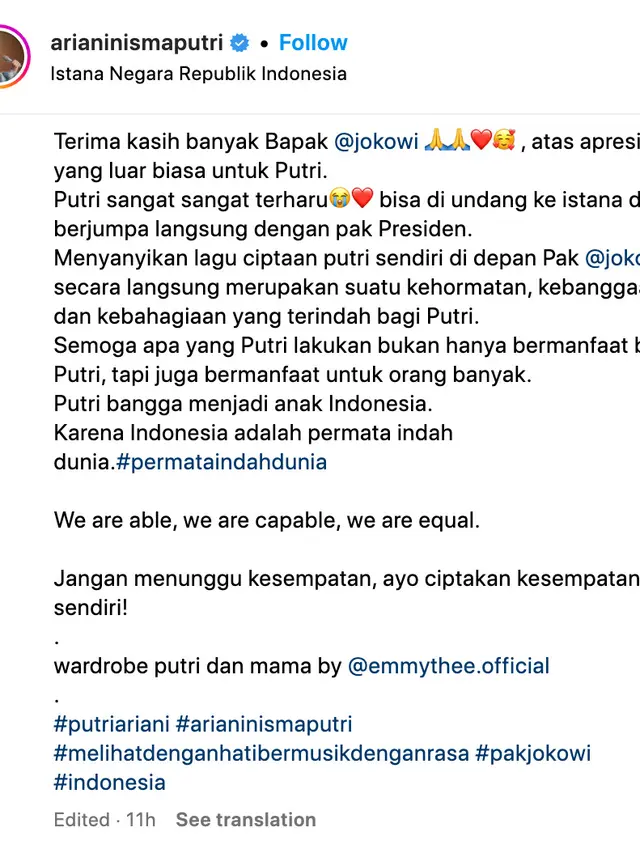 Unggahan Putri Ariani. (Foto: Dok. Instagram @arianinismaputri)