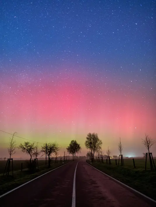 Pemandangan Aurora Borealis saat menghiasi langit Lietzen, dekat Brandenburg, bagian timur Jerman, pada 6 Maret 2016. Aurora Borealis akibat interaksi medan magnet di bumi dengan partikel dari cahaya matahari. (AFP/dpa/Patrick Pleul/Jerman)