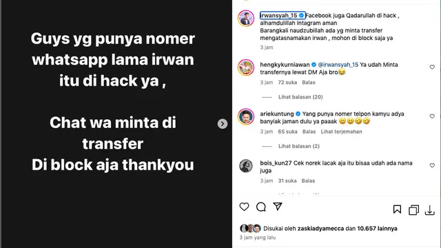 WhatsApp dan Facebook Irwansyah Diretas, Imbau Masyarakat Berhati-hati dengan Penipuan yang Mengatasnamakannya