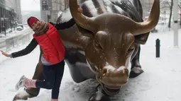 Seorang turis berpose di samping banteng di Broadway, New York (14/3). Badai salju menerjang kawasan Amerika Serikat timur laut, dari West Virginia hingga Maine, menyebabkan hujan salju lebat di sejumlah tempat. (AFP Photo/Don Emmert)