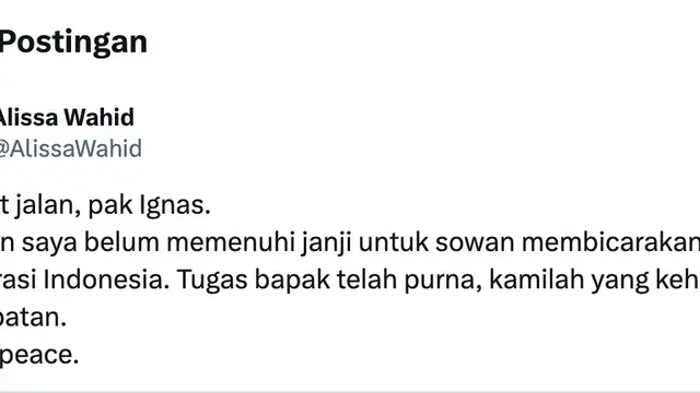 Ungkapan dukacita dari Alissa Wahid. (Foto: Dok. Twitter @AlissaWahid)