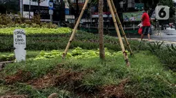Warga melihat kuburan dengan papan nisan bertuliskan Corona bin Covid di taman Jalan Jatinegara Barat, Jakarta, Minggu (20/9/2020). Kuburan tersebut sengaja dibuat untuk mengingatkan masyarakat yang melintas akan bahaya virus Covid-19. (Liputan6.comm/Johan Tallo)
