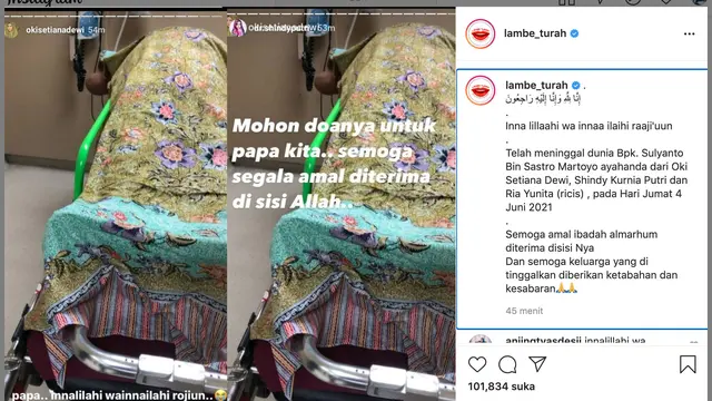 Unggahan soal ayah Oki Setiana Dewi meninggal dunia. (Foto: Instagram @lambe_turah)