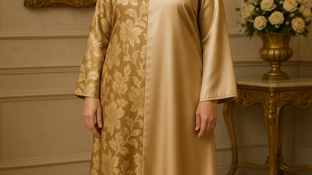 Model Gamis Silk Motif Kombinasi Polos untuk Ibu-Ibu Usia 50-an