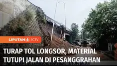 Selain banjir, hujan deras yang mengguyur wilayah Jakarta membuat turap di tol JORR Veteran daerah Pesanggrahan, Jakarta Selatan, longsor Sabtu sore. Material longsor menutup separuh Jalan Mulia Bakti yang berada di samping jalan tol.