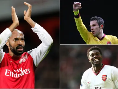 Meskipun belum ada striker Arsenal yang mampu menandingi kesuksesan sang legenda Thierry Henry. Namun ada lima nama bomber The Gunners yang memiliki kualitas bagus. Van Persie dan Adebayor diantaranya. (Foto-foto Kolase AFP)