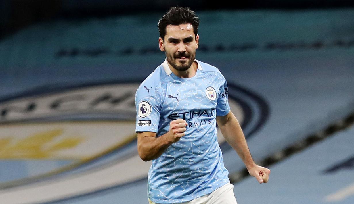 Pemain Manchester City, Ilkay Gundogan, melakukan selebrasi setelah mencetak gol ke gawang West Bromwich Albion pada laga Liga Inggris di Stadion Etihad, (15/12/2020). Kontrak Gundogan bersama City akan berakhir pada akhir musim ini. Memperkuat City sejak 2016, gelandang asal Jerman itu telah menorehkan 51 gol dan 35 assist dri 277 pertandingan di semua kompetisi bersama The Citizens. (Martin Rickett/POOL/AFP)