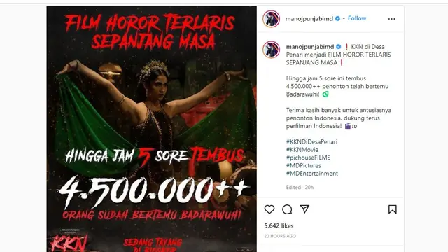 Unggahan Manoj Punjabi soal pendapatan penonton KKN Di Desa Penari