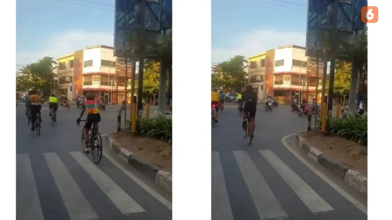 Tangkapan layar video viral rombongan pesepeda terobos lampu merah (Liputan6.com/Fauzan)