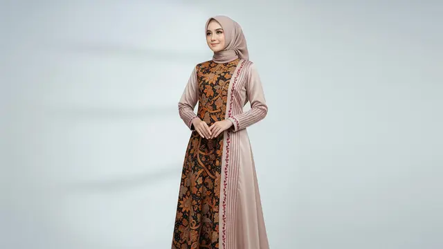 Gamis Batik Kombinasi Satin dengan Bordir Lengan
