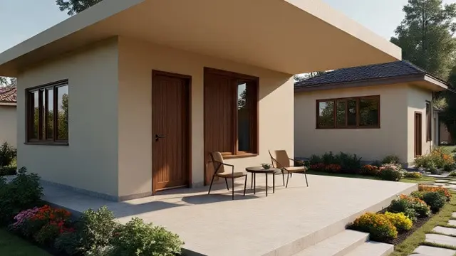 Ilustrasi Model Rumah Minimalis di Desa dengan Teras dan Taman Mini (Sumber Gambar: Meta AI)