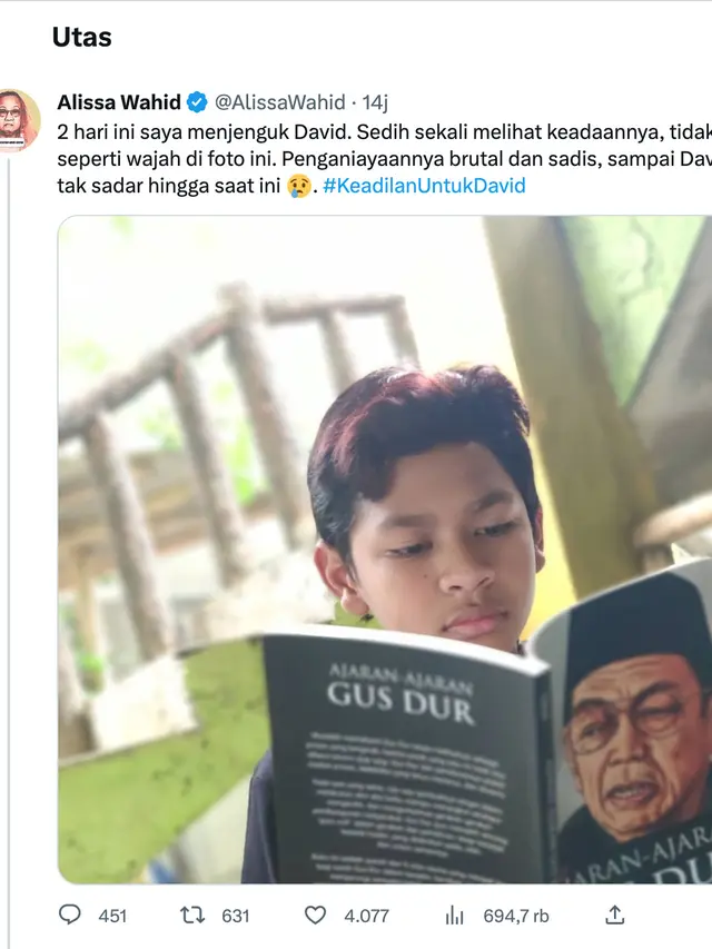 Cuitan Alissa Wahid putri Gus Dur soal kasus penganiayaan David. (Foto: Instagram @AlissaWahid)
