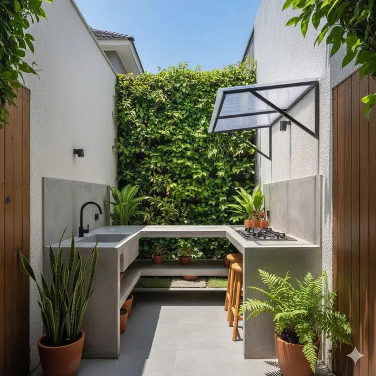 12 Inspirasi Dapur Outdoor Lahan Sempit dengan Meja Cor Minimalis Tren 2025