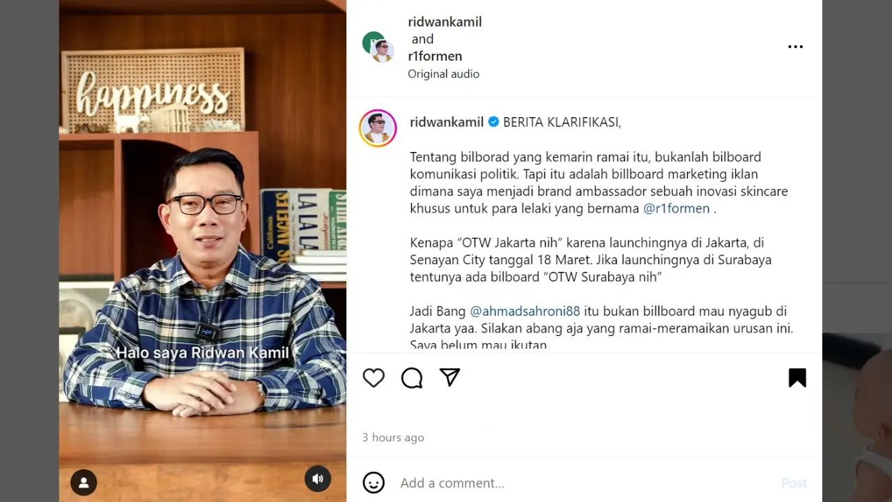 Bukan bakal maju di Pilkada DKI Jakarta 2024, Mantan Gubernur Jawa Barat yang juga merupakan politikus Partai Golkar Ridwan Kamil (RK) akhirnya buka suara terkait baliho OTW Jakarta dirinya yang sempat viral. Apa itu?