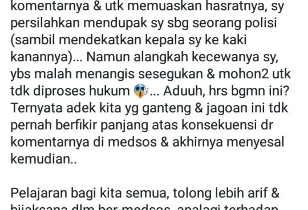 Tangkapan layar postingan Kapolres Salatiga AKBP Yimmy Kurniawan tentang kisahnya minta ditendang. (foto : Liputan6.com / FB / edhie prayitno ige)