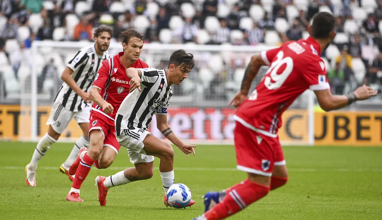 Sampdoria pada pertandingan Liga Serie A Italia di Allianz Stadium di Turin, Italia, Minggu (26/9/2021). Kemenang ini mengantar Juventus naik ke posisi delapan dalam klasemen sementara. (Marco Alpozzi/LaPresse via AP)