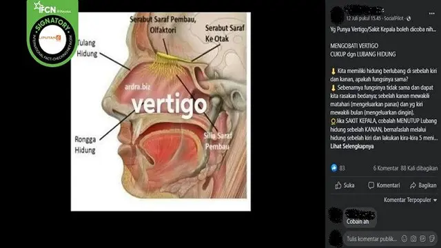 Gambar Tangkapan Layar Klaim Menutup Lubang Hidung Bisa Mengobati Sakit Kepala dan Vertigo (sumber: Facebook).