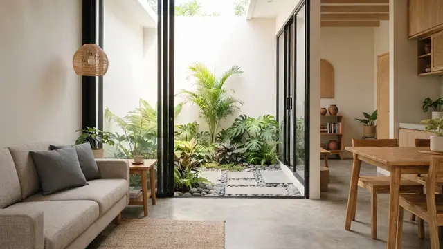 Desain Rumah Tiga Kamar dengan Taman Kecil di Tengah
