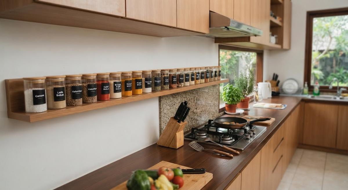 Ide rak bumbu yang menyatu dengan dinding dapur sehingga terlihat rapi dan elegan, model memanjang mengikuti dinding dapur
