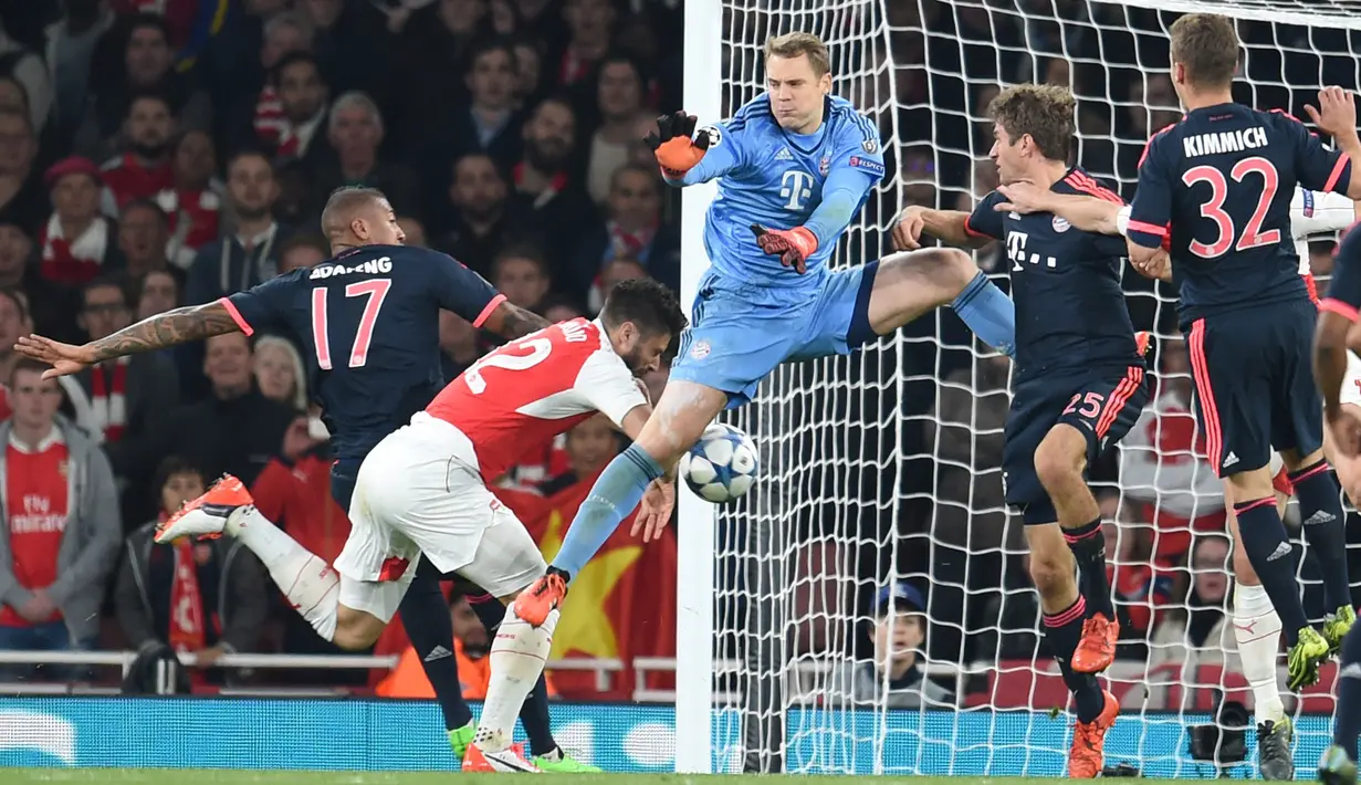 Kemelut di depan gawang Bayern Munchen saat melawan Arsenal dalam lanjutan Grup F Liga Champions di Stadion Emirates, London, Rabu (21/10/2015) dini hari WIB. (EPA/Tobias Hase)