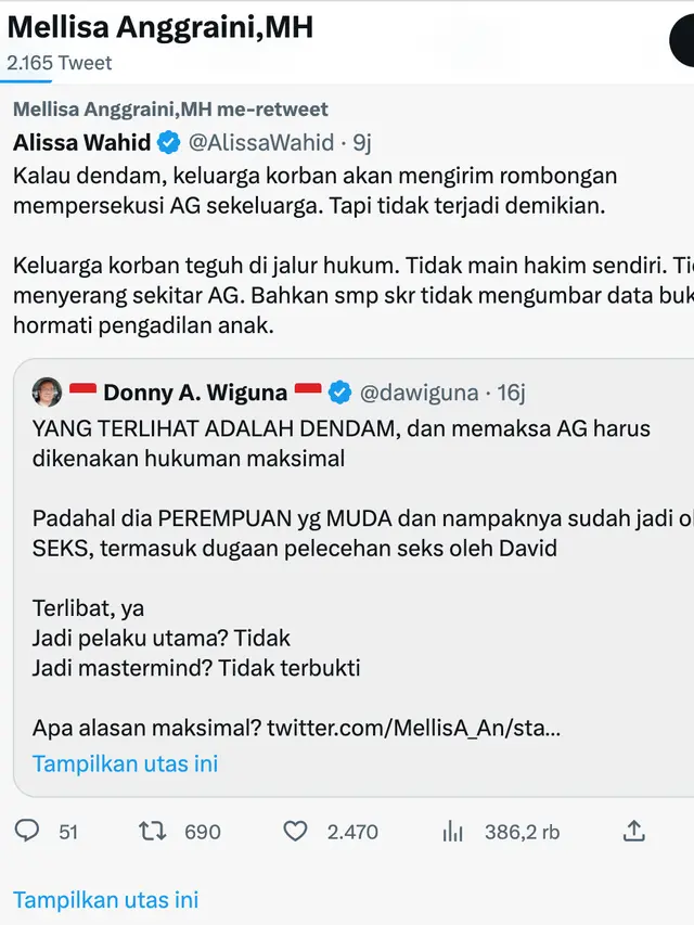 Cuitan Alissa Wahid putri Gus Dur soal kasus David Ozora. (Foto: Dok. Twitter @AlissaWahid)