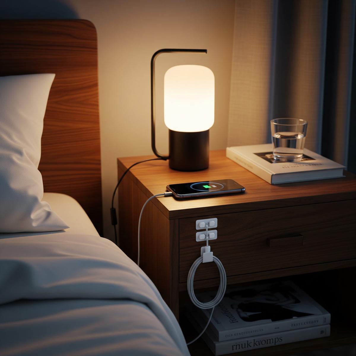 Menata Kabel Charger agar Meja Samping Tempat Tidur Rapi (AI Generated)