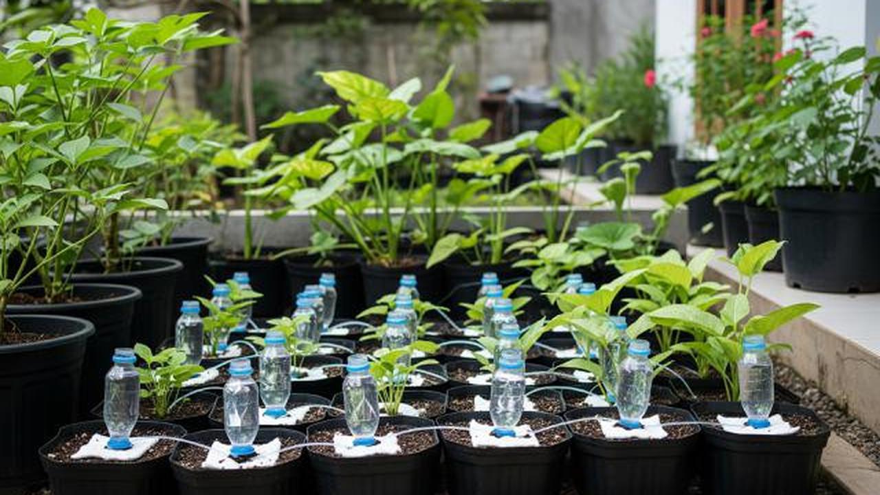 Kombinasi Botol Bekas dan Wicking System/Ide Kebun di Halaman dengan Pengairan Otomatis dari Botol Bekas (Sumber: gemini.com)
