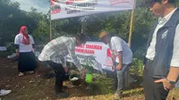 Ketua Umum Ganjar Muda Indonesia (GMI) Evan Lanell Wea membagikan secara langsung ratusan bibit tanaman Mangga Madu sekaligus ikut menanamnya bersama warga di Kecamatan Purwadadi, Subang, Jawa Barat, pada Senin (29/1/2024). (istimewa)