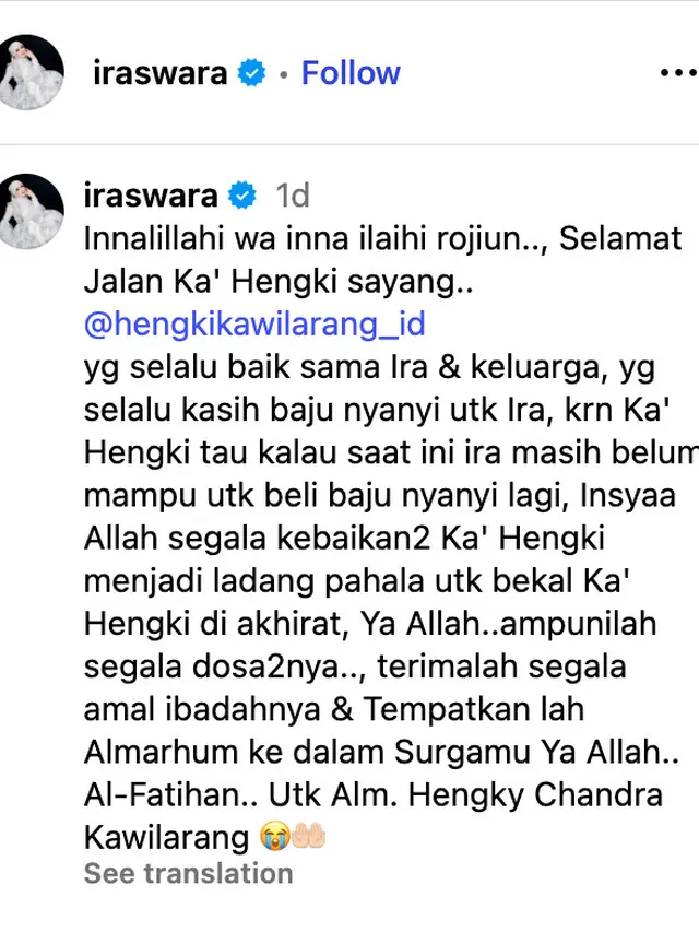 Unggahan Ira Swara. (Foto: Dok. Instagram @iraswara)