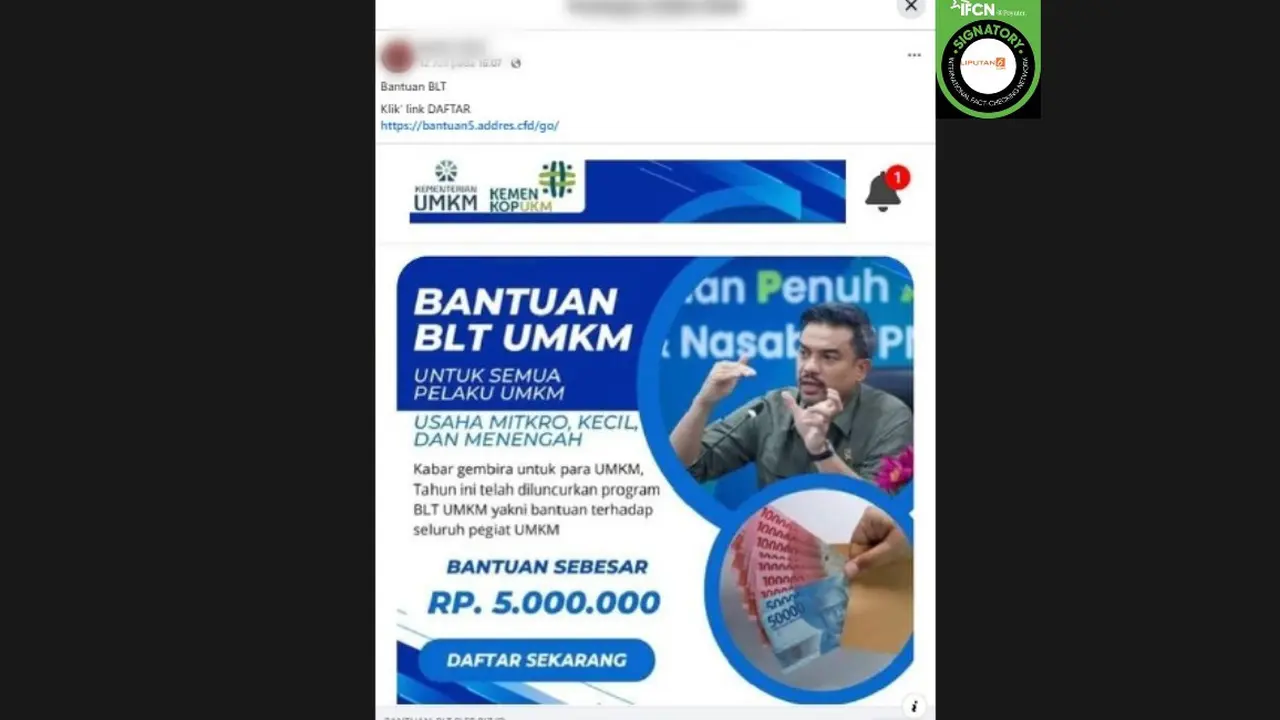 Cek Fakta Liputan6.com mendapati klaim link atau tautan pendaftaran untuk mendapatkan Bantuan Langsung Tunai UMKM