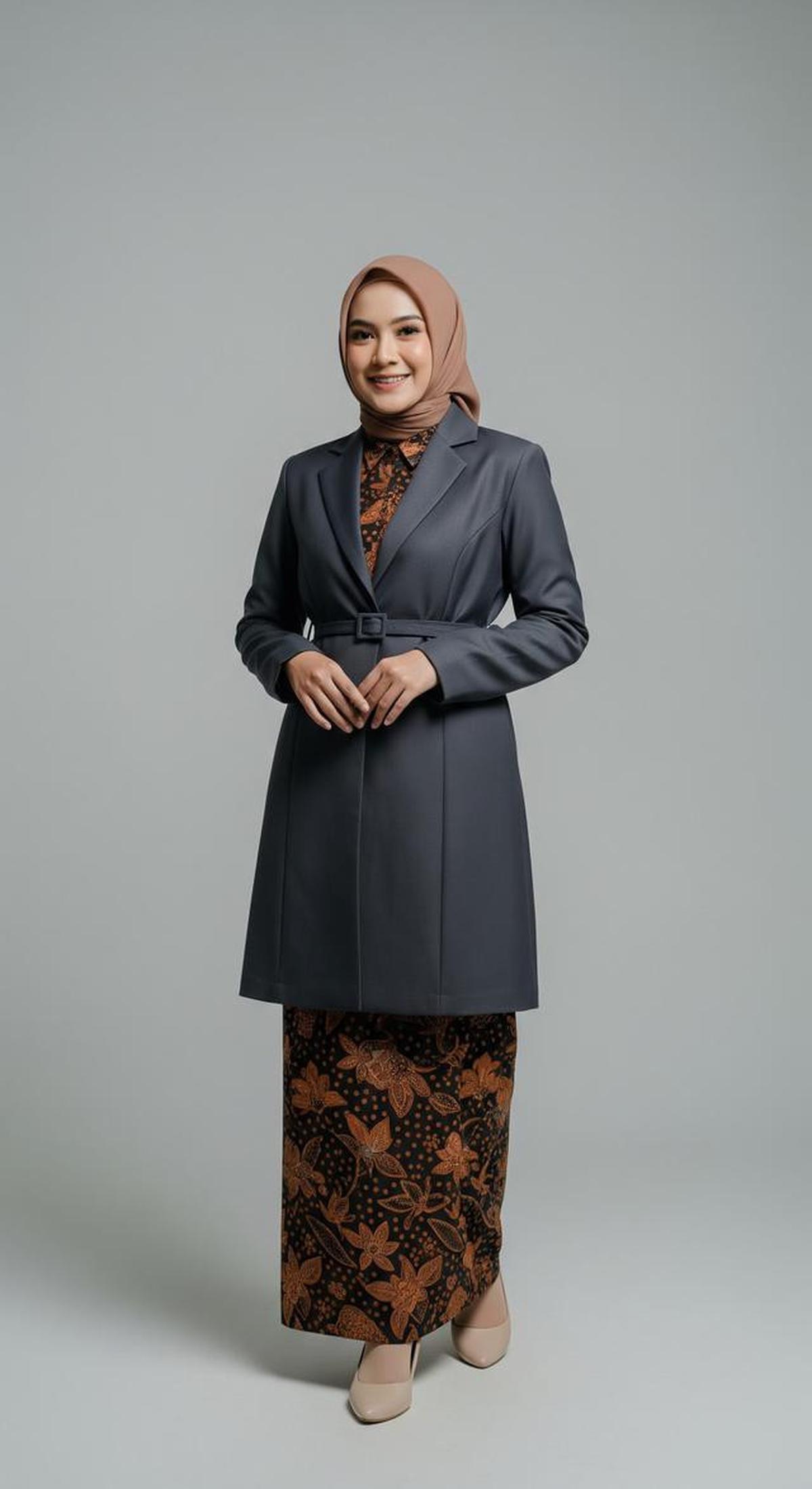 6 Model Gamis Batik Kombinasi Blazer Kantor yang Modis, Stylish untuk Wanita Karier