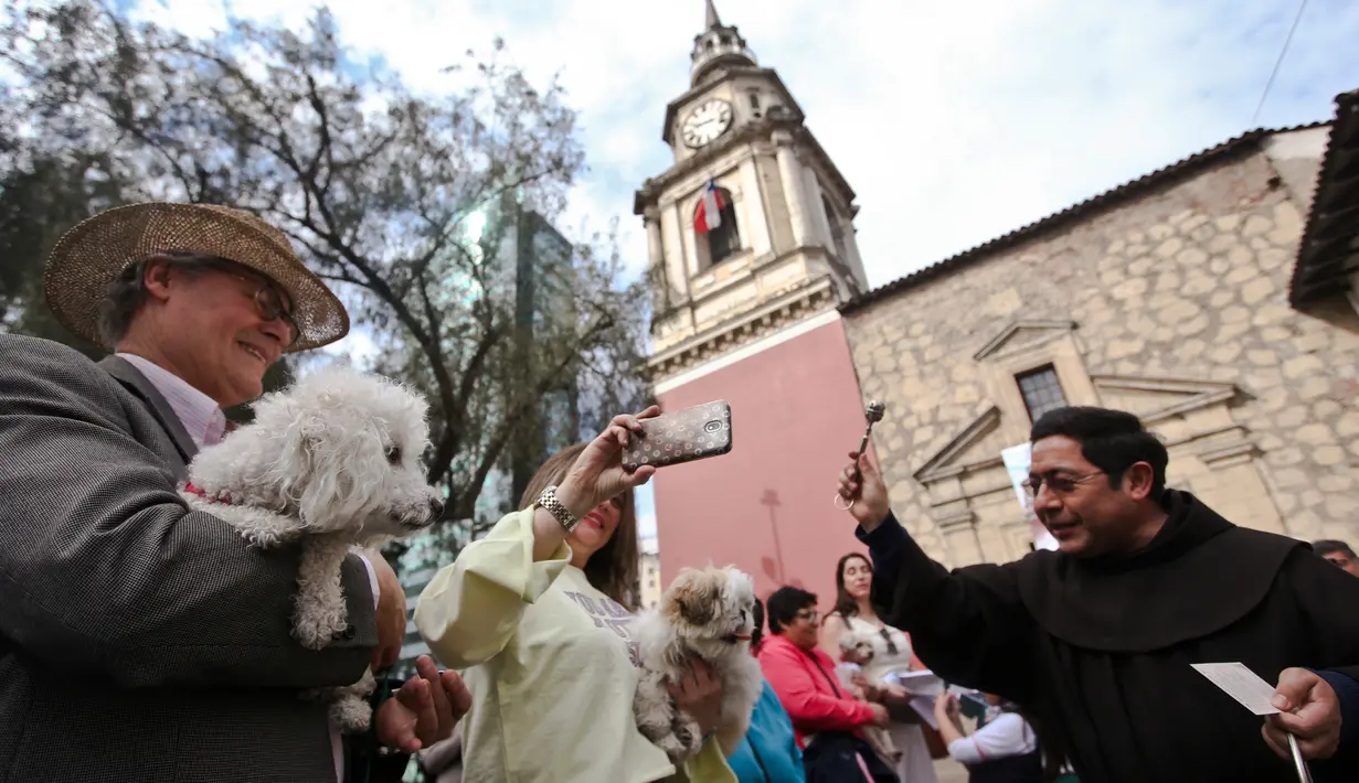 Pendeta mencipratkan air suci saat pemberkatan hewan peliharaan dalam perayaan Santo Fransiskus dari Asisi di gereja San Fransisco, Chile, Kamis (4/10). Perayaan Santo Fransiskus dari Asisi dipercaya sebagai Santo pelindung binatang. (AP/Esteban Felix)