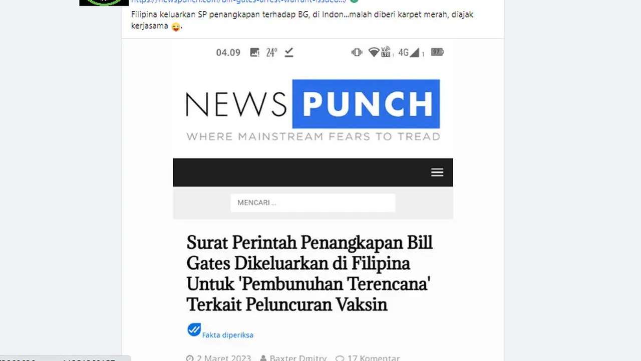 Tangkapan layar klaim Filipina keluarkan surat penangkapan Bill Gates atas rencana pembunuhan dengan vaksin